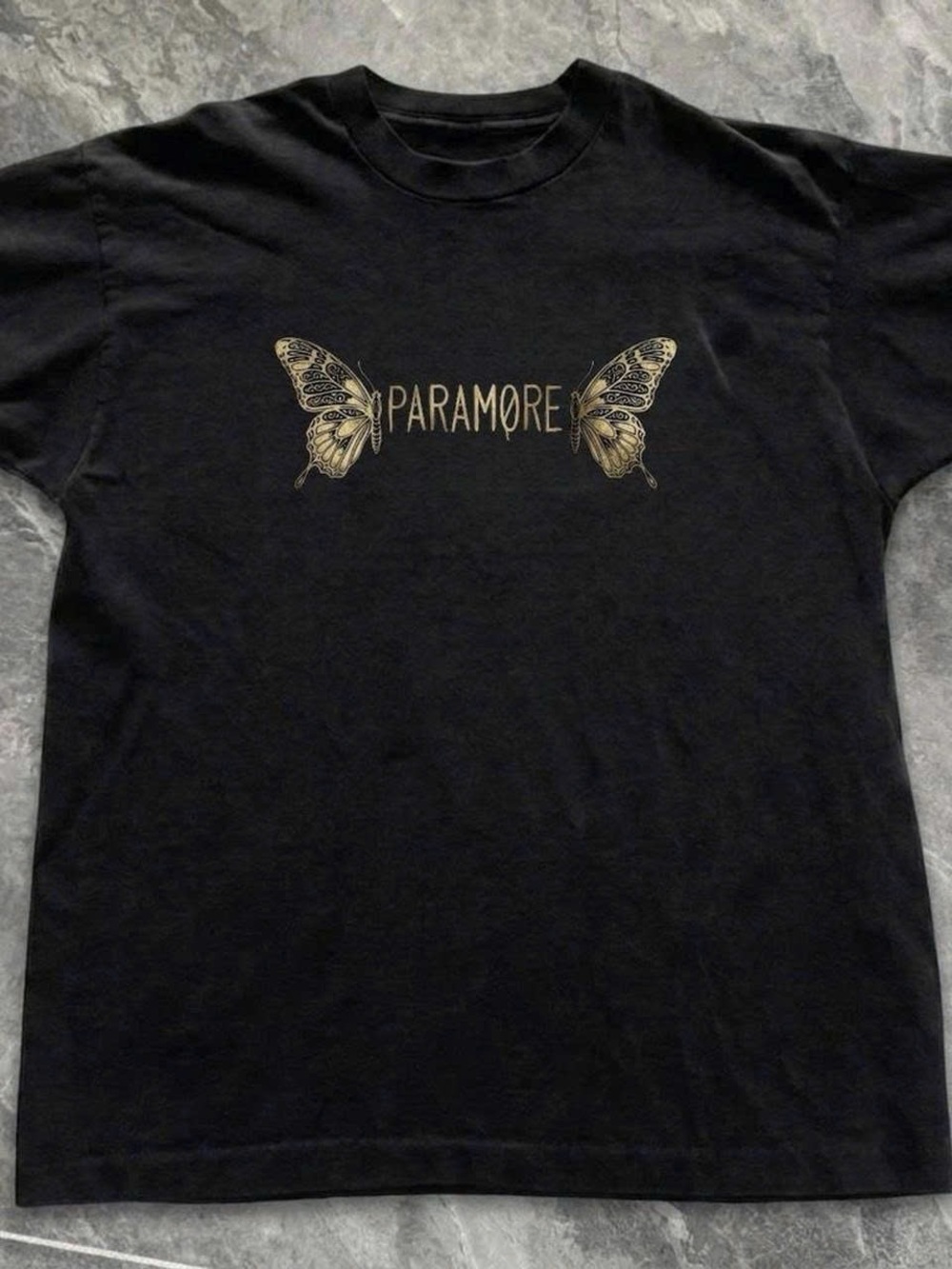 Black Tee with Gold Paramore Butterfly Graphic